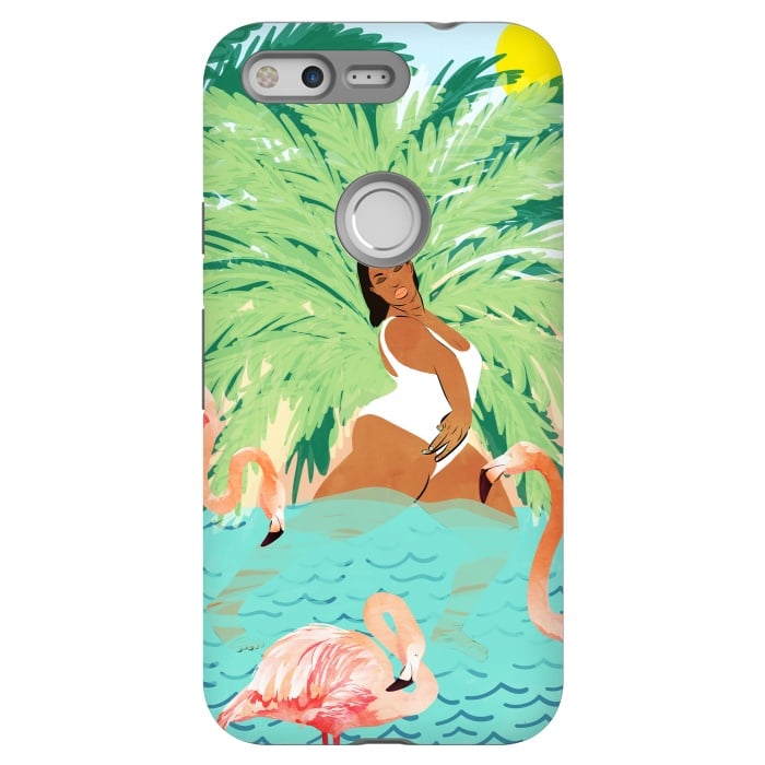 Pixel StrongFit Tropical Summer Water Yoga with Palm & Flamingos | Woman of Color Black Woman Body Positivity by Uma Prabhakar Gokhale