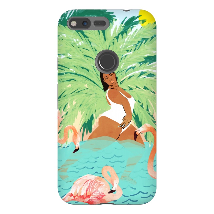 Pixel XL StrongFit Tropical Summer Water Yoga with Palm & Flamingos | Woman of Color Black Woman Body Positivity by Uma Prabhakar Gokhale