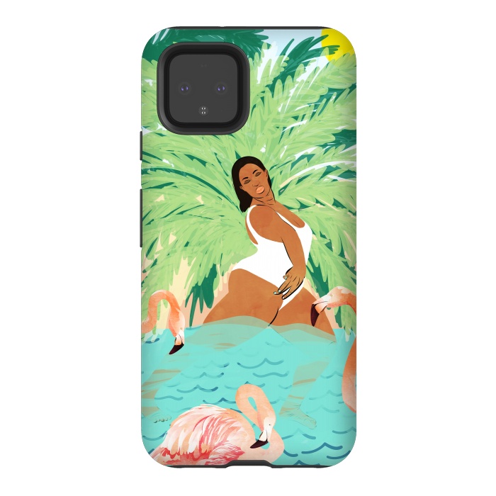Pixel 4 StrongFit Tropical Summer Water Yoga with Palm & Flamingos | Woman of Color Black Woman Body Positivity by Uma Prabhakar Gokhale