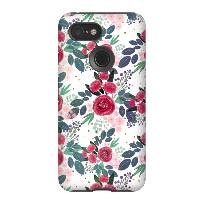 Pixel 3 StrongFit Cute Rose Pink Peonies Watercolor Paint Gold Dots Design by InovArts