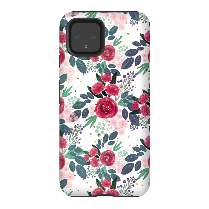 Pixel 4 StrongFit Cute Rose Pink Peonies Watercolor Paint Gold Dots Design by InovArts