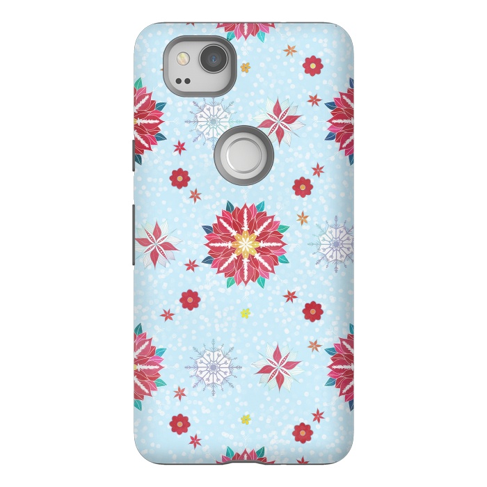 Pixel 2 StrongFit Trendy Winter Red Poinsettias White Snowflakes Pattern by InovArts