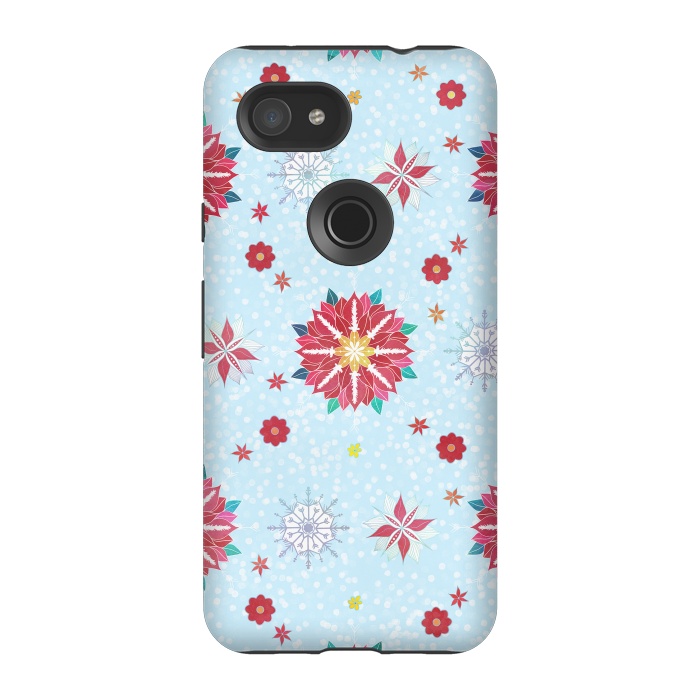 Pixel 3A StrongFit Trendy Winter Red Poinsettias White Snowflakes Pattern by InovArts