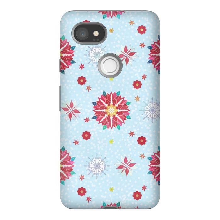 Pixel 2XL StrongFit Trendy Winter Red Poinsettias White Snowflakes Pattern by InovArts