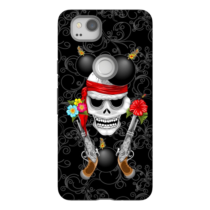 Pixel 2 StrongFit Pirate Skull, Ancient Guns, Flowers and Cannonballs by BluedarkArt