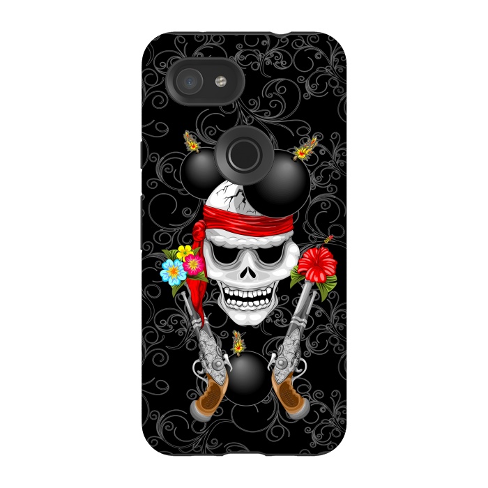 Pixel 3A StrongFit Pirate Skull, Ancient Guns, Flowers and Cannonballs by BluedarkArt