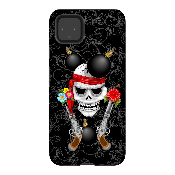 Pixel 4XL StrongFit Pirate Skull, Ancient Guns, Flowers and Cannonballs by BluedarkArt
