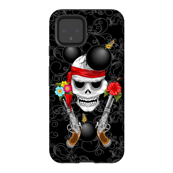 Pixel 4 StrongFit Pirate Skull, Ancient Guns, Flowers and Cannonballs by BluedarkArt