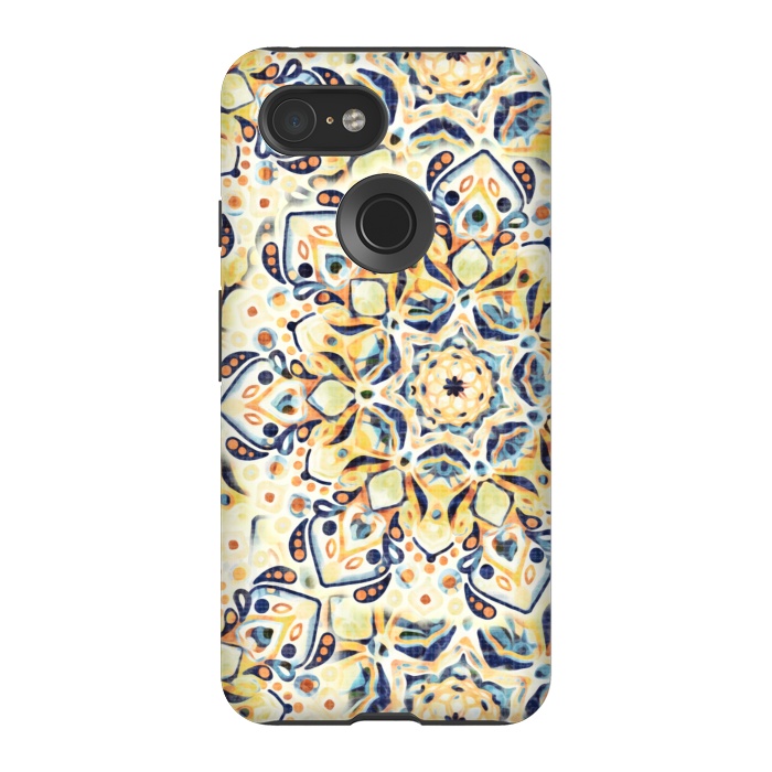 Pixel 3 StrongFit Stained Glass Mandala - Mustard Yellow & Navy  by Tigatiga