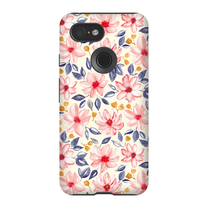 Pixel 3 StrongFit Navy, Gold & Pink Watercolor Floral - Cream  by Tigatiga