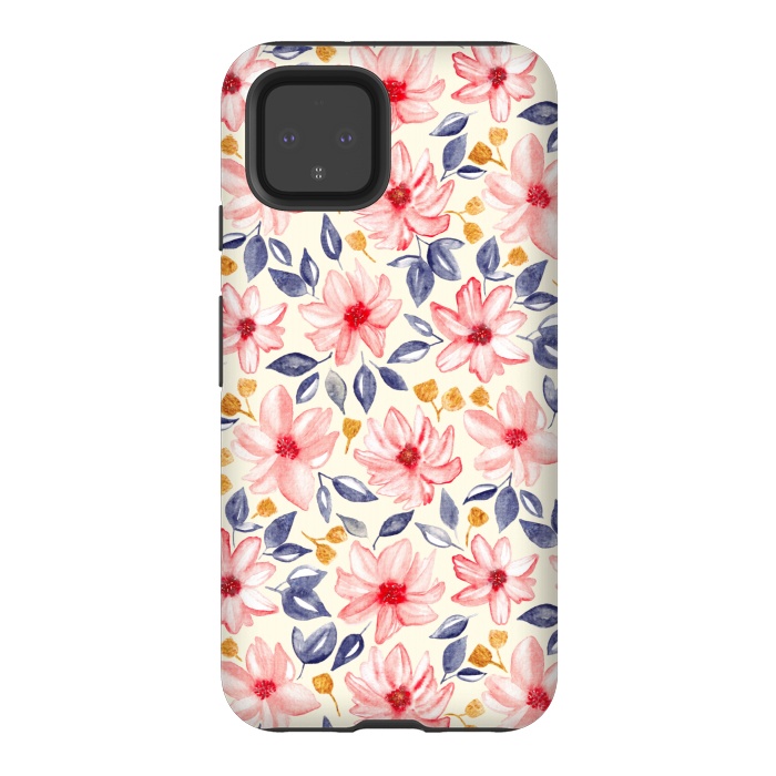 Pixel 4 StrongFit Navy, Gold & Pink Watercolor Floral - Cream  by Tigatiga
