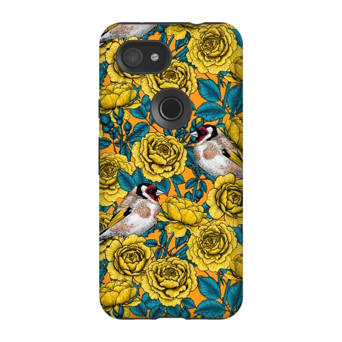 Pixel 3A StrongFit Rose flowers and goldfinch birds by Katerina Kirilova