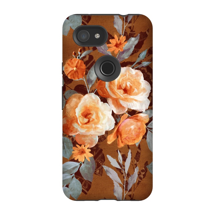 Pixel 3A StrongFit Chintz Roses on Rust Brown by Micklyn Le Feuvre