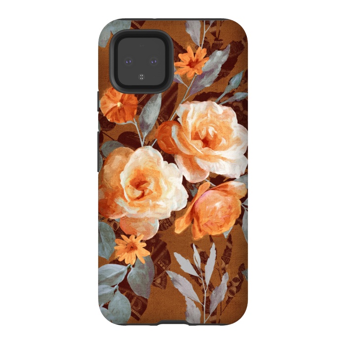 Pixel 4 StrongFit Chintz Roses on Rust Brown by Micklyn Le Feuvre