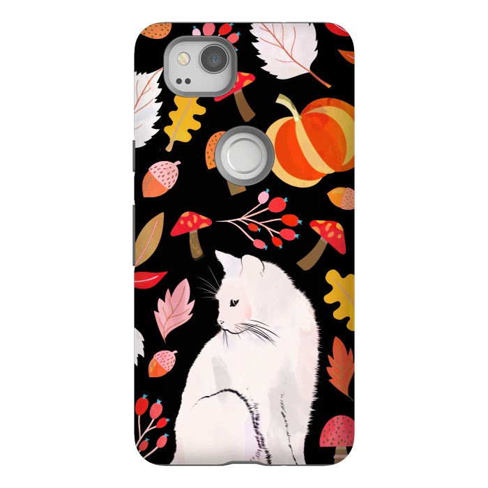 Pixel 2 StrongFit Autumn nature pattern with white cat by Oana 