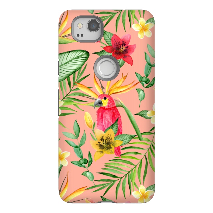Pixel 2 StrongFit Red parrot and tropical leaves by Julia Badeeva