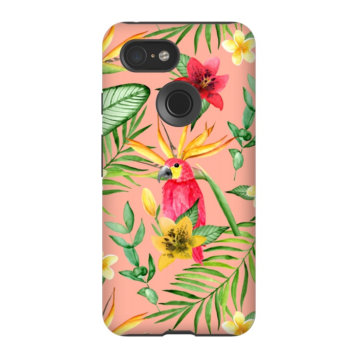 Pixel 3 StrongFit Red parrot and tropical leaves by Julia Badeeva