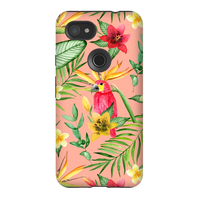 Pixel 3AXL StrongFit Red parrot and tropical leaves by Julia Badeeva