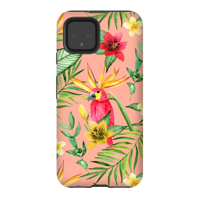 Pixel 4 StrongFit Red parrot and tropical leaves by Julia Badeeva
