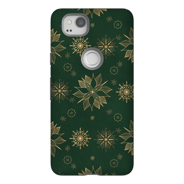 Pixel 2 StrongFit Elegant Gold Green Poinsettias Snowflakes Winter Design by InovArts