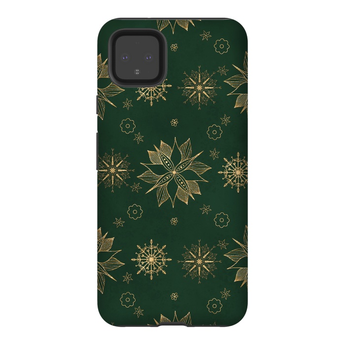 Pixel 4XL StrongFit Elegant Gold Green Poinsettias Snowflakes Winter Design by InovArts