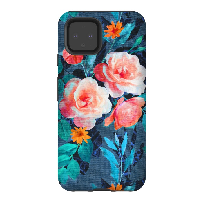 Pixel 4 StrongFit Retro Rose Chintz in Radiant Coral on Blue by Micklyn Le Feuvre