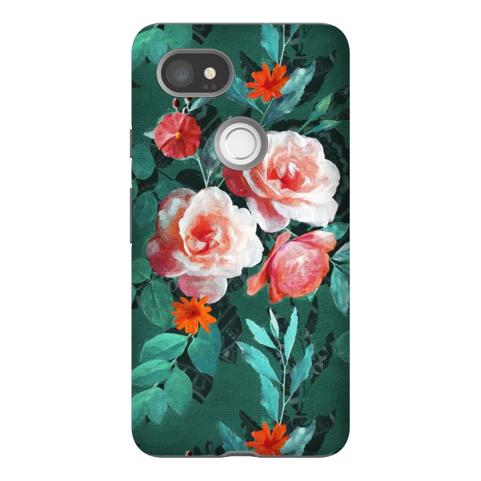Pixel 2XL StrongFit Retro Rose Chintz in Melon Pink on Dark Emerald Green by Micklyn Le Feuvre