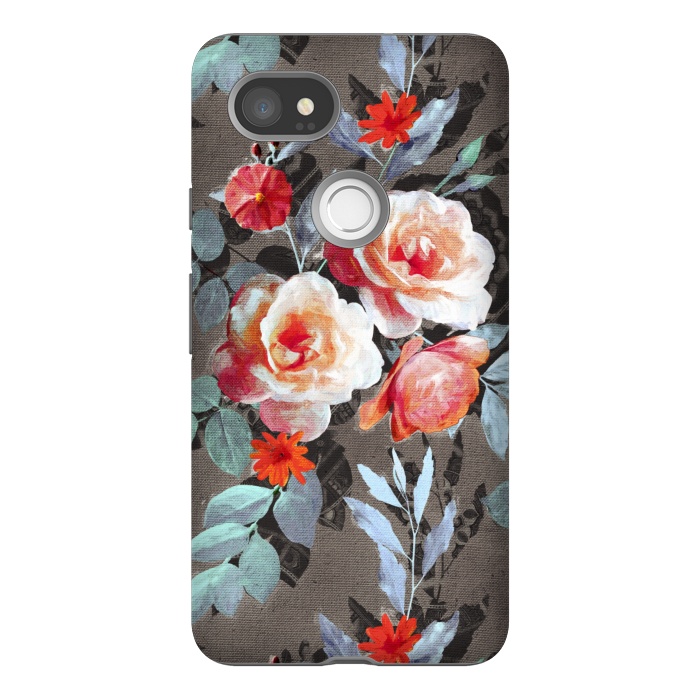Pixel 2XL StrongFit Retro Rose Chintz in Scarlet, Peach, Sage and Grey by Micklyn Le Feuvre