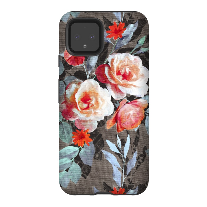 Pixel 4 StrongFit Retro Rose Chintz in Scarlet, Peach, Sage and Grey by Micklyn Le Feuvre