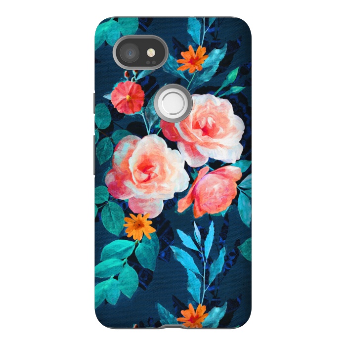Pixel 2XL StrongFit Retro Rose Chintz in Bright Coral and Peach on Indigo Blue by Micklyn Le Feuvre