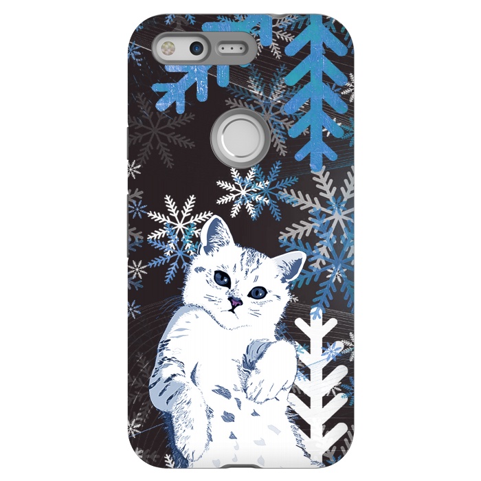 Pixel StrongFit Cute kitty with blue metallic snowflakes by Oana 