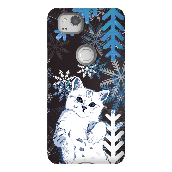 Pixel 2 StrongFit Cute kitty with blue metallic snowflakes by Oana 