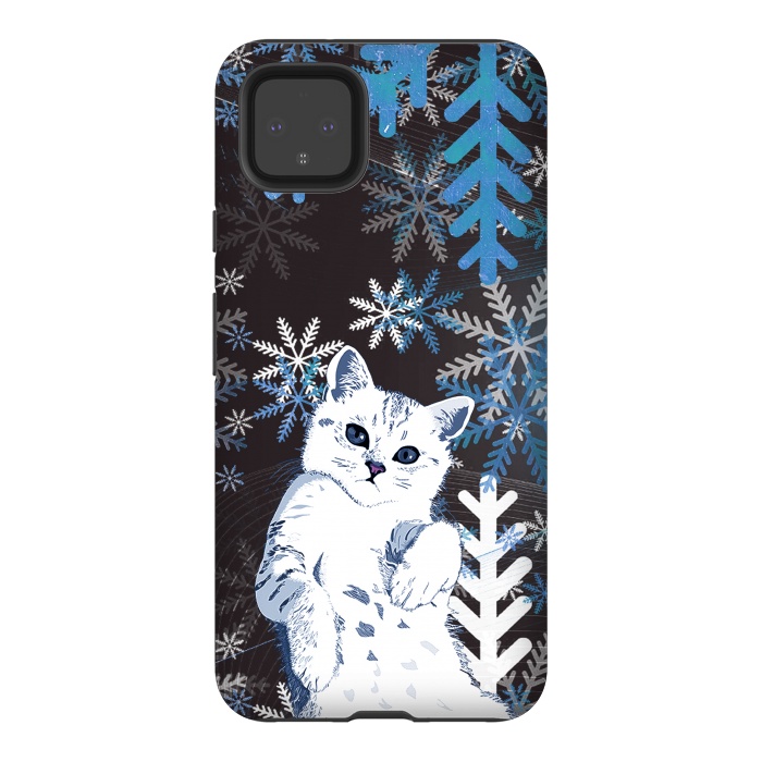 Pixel 4XL StrongFit Cute kitty with blue metallic snowflakes by Oana 