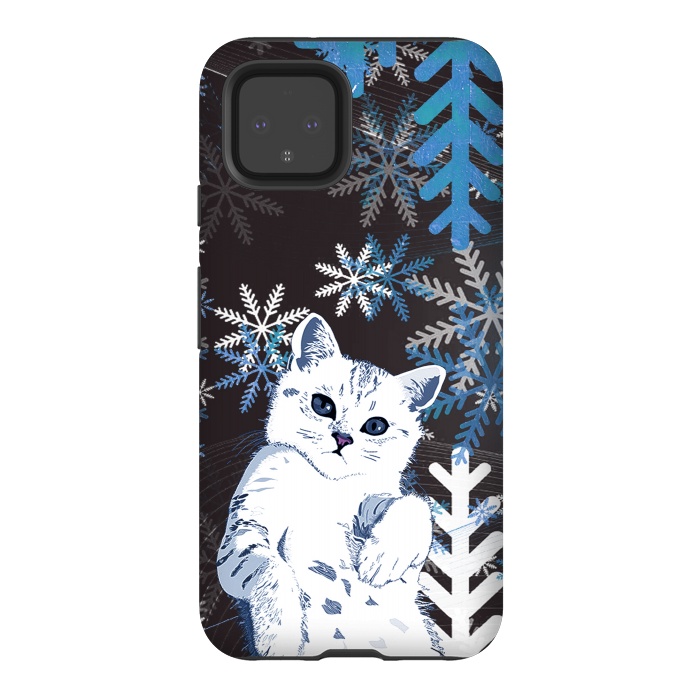 Pixel 4 StrongFit Cute kitty with blue metallic snowflakes by Oana 