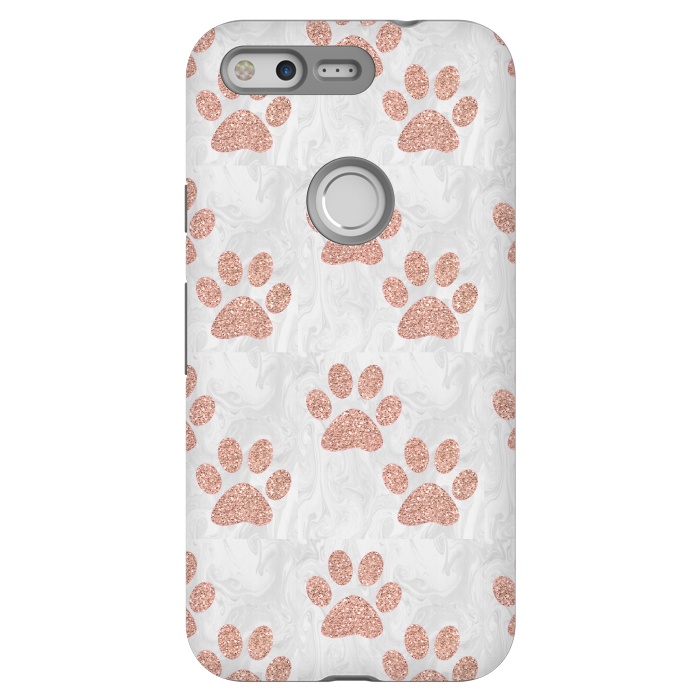 Pixel StrongFit Rose Gold Paw Prints on Marble by Julie Erin Designs