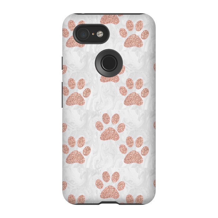 Pixel 3 StrongFit Rose Gold Paw Prints on Marble by Julie Erin Designs