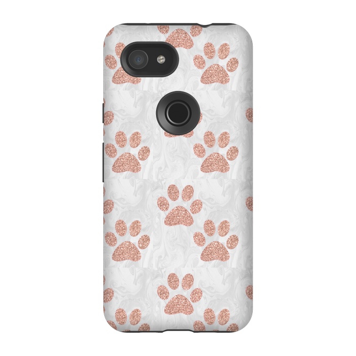 Pixel 3A StrongFit Rose Gold Paw Prints on Marble by Julie Erin Designs