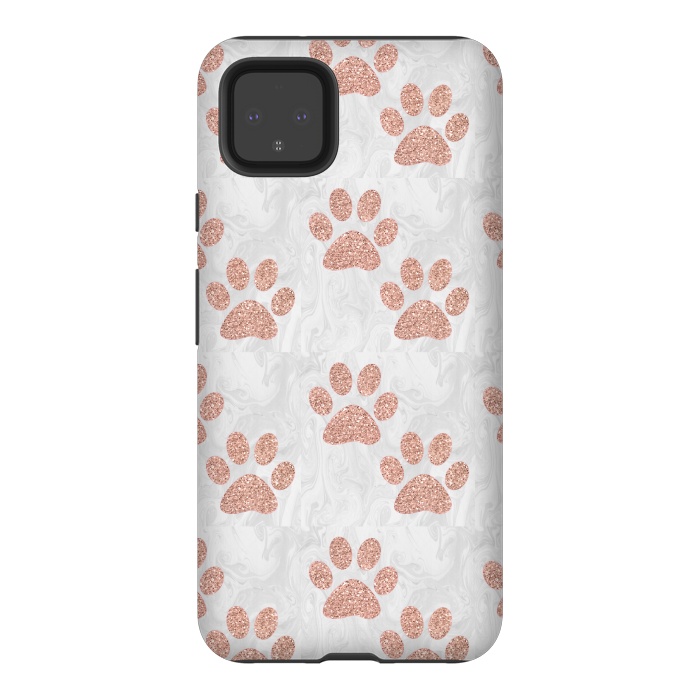 Pixel 4XL StrongFit Rose Gold Paw Prints on Marble by Julie Erin Designs