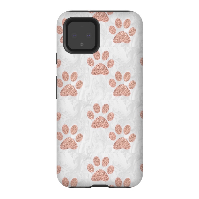 Pixel 4 StrongFit Rose Gold Paw Prints on Marble by Julie Erin Designs