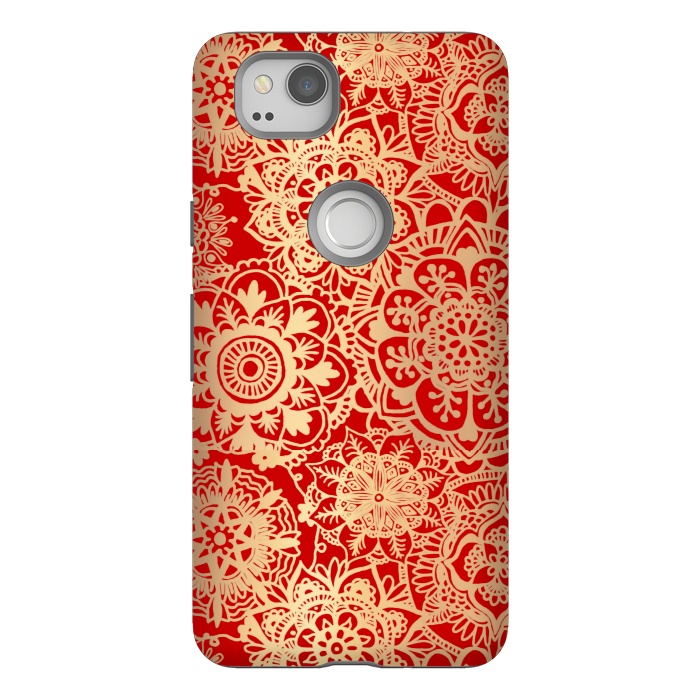 Pixel 2 StrongFit Red and Gold Mandala Pattern by Julie Erin Designs