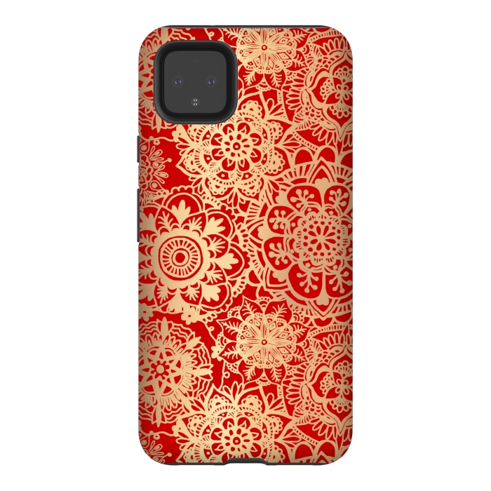 Pixel 4XL StrongFit Red and Gold Mandala Pattern by Julie Erin Designs
