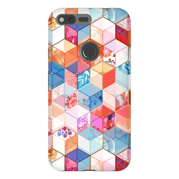 Pixel XL StrongFit Coral, Cream and Cobalt Kaleidoscope Cubes by Micklyn Le Feuvre