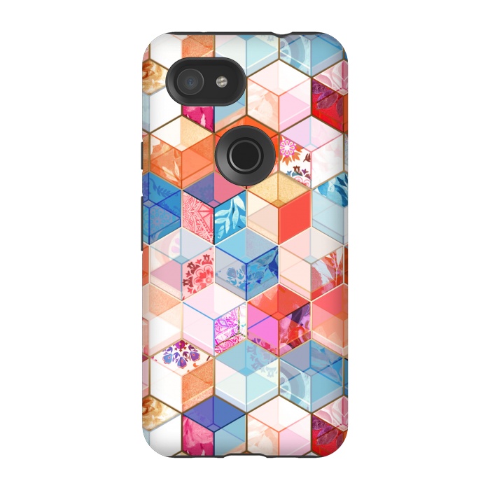 Pixel 3A StrongFit Coral, Cream and Cobalt Kaleidoscope Cubes by Micklyn Le Feuvre