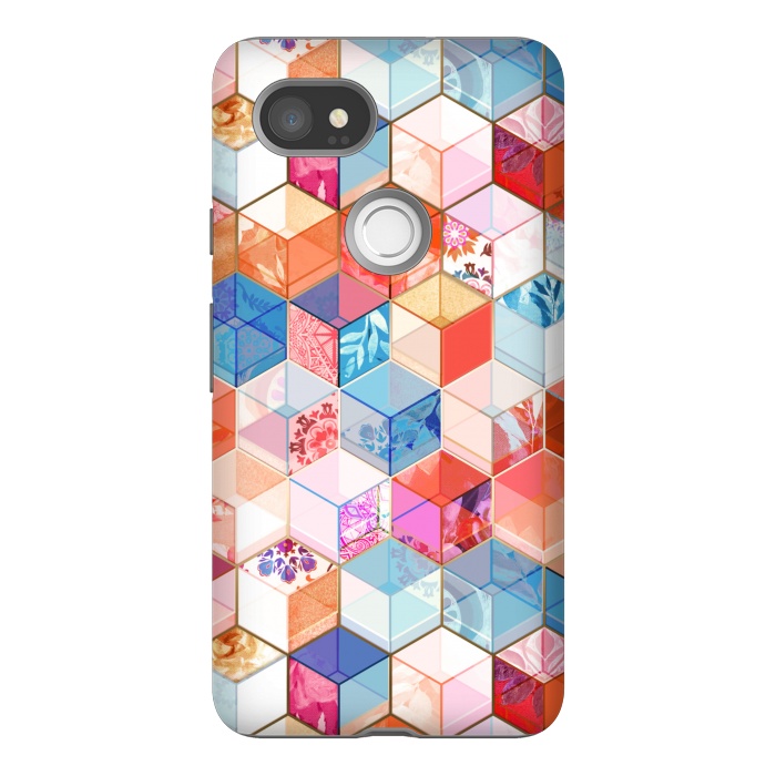 Pixel 2XL StrongFit Coral, Cream and Cobalt Kaleidoscope Cubes by Micklyn Le Feuvre