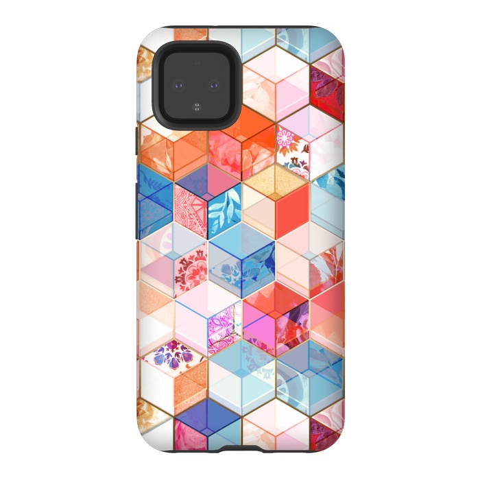 Pixel 4 StrongFit Coral, Cream and Cobalt Kaleidoscope Cubes by Micklyn Le Feuvre