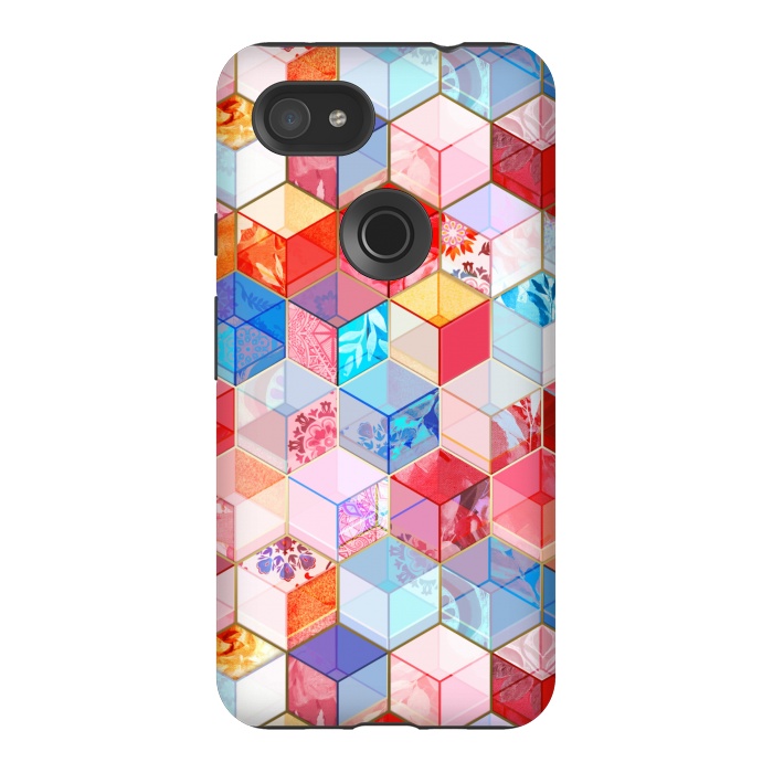Pixel 3AXL StrongFit Ruby and Topaz Kaleidoscope Cubes by Micklyn Le Feuvre