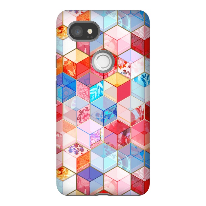 Pixel 2XL StrongFit Ruby and Topaz Kaleidoscope Cubes by Micklyn Le Feuvre