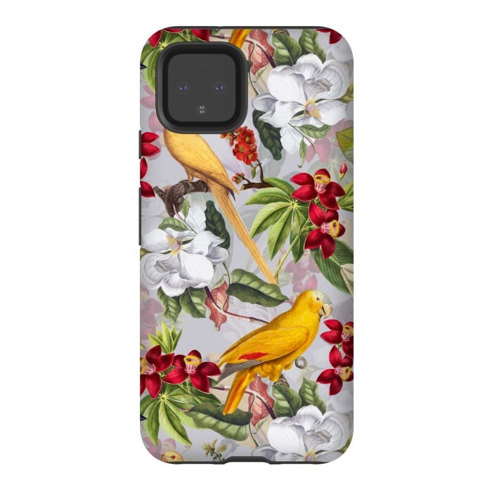 Pixel 4 StrongFit Antique Yellow Parrots in Flower Jungle by  Utart