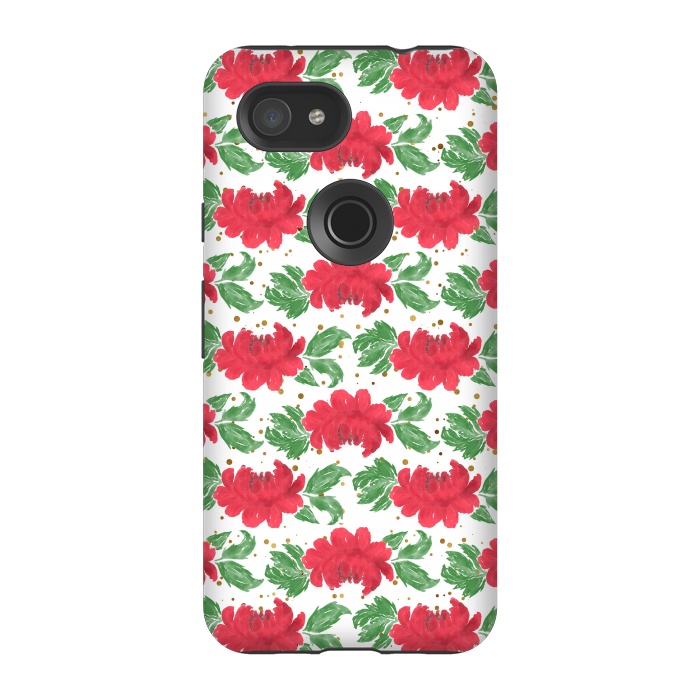 Pixel 3A StrongFit Watercolor Winter Red Flowers Gold Dots Artwork by InovArts