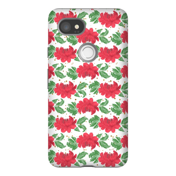 Pixel 2XL StrongFit Watercolor Winter Red Flowers Gold Dots Artwork by InovArts